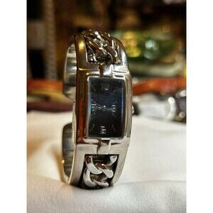 Ladies Cuff Style Silver Finish Bracelet Watch With Curb Link Chain Detail